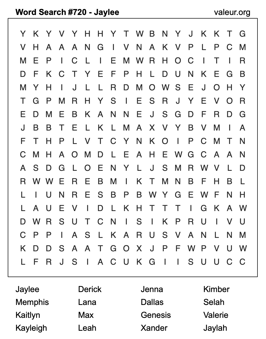 Word Search Puzzle with the name Jaylee #720