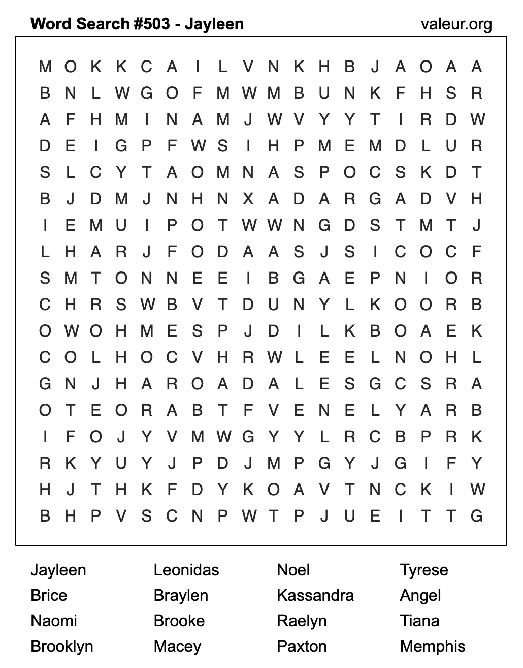 Word Search Puzzle with the name Jayleen #503
