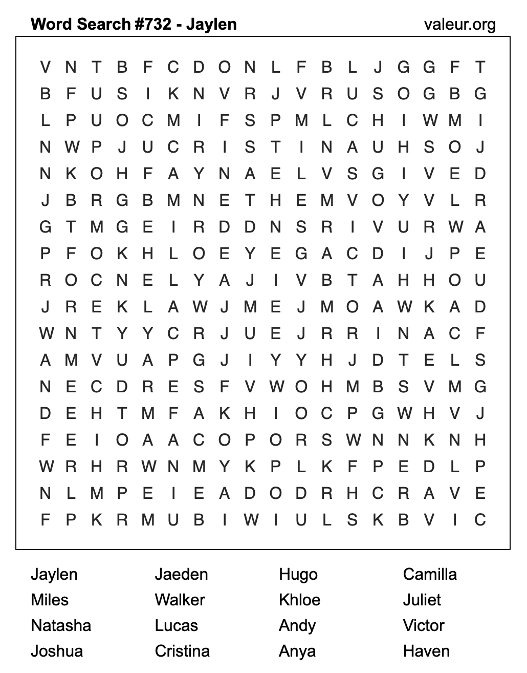 Word Search Puzzle with the name Jaylen #732