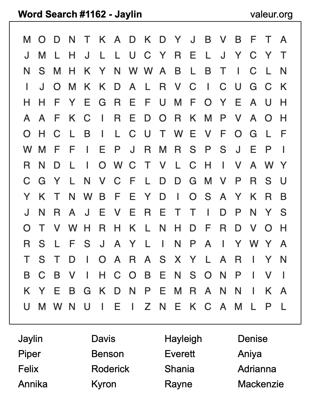 Word Search Puzzle with the name Jaylin #1162 Word Search Puzzle with the name Jaylin #1162
