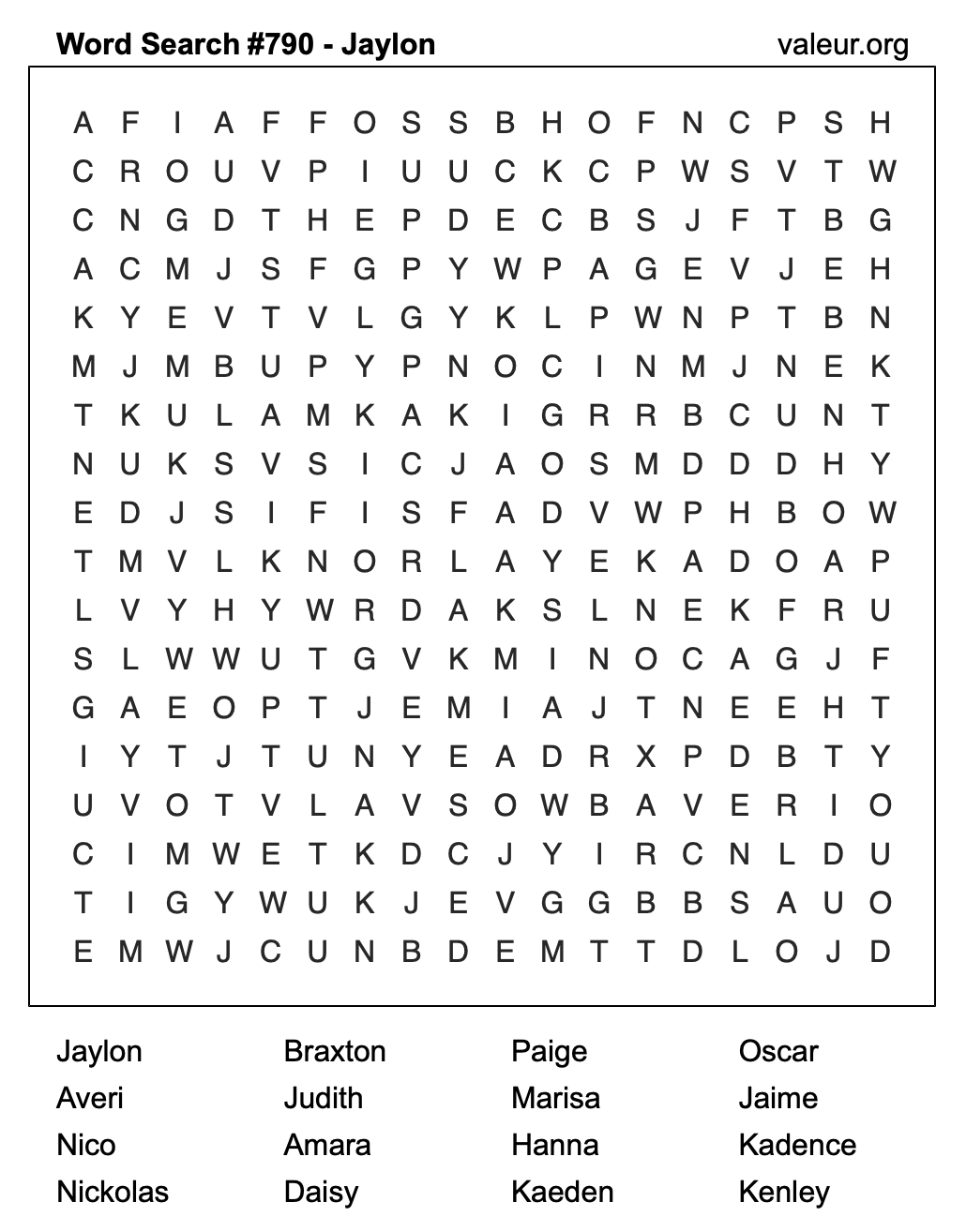Word Search Puzzle with the name Jaylon #790