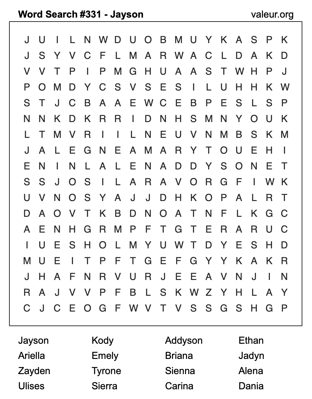 Word Search Puzzle with the name Jayson #331