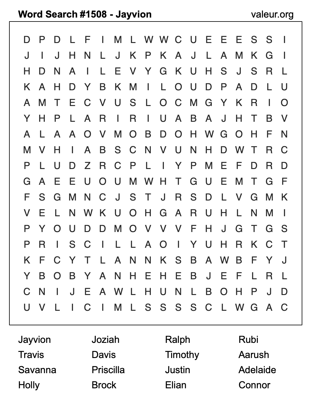 Word Search Puzzle with the name Jayvion #1508