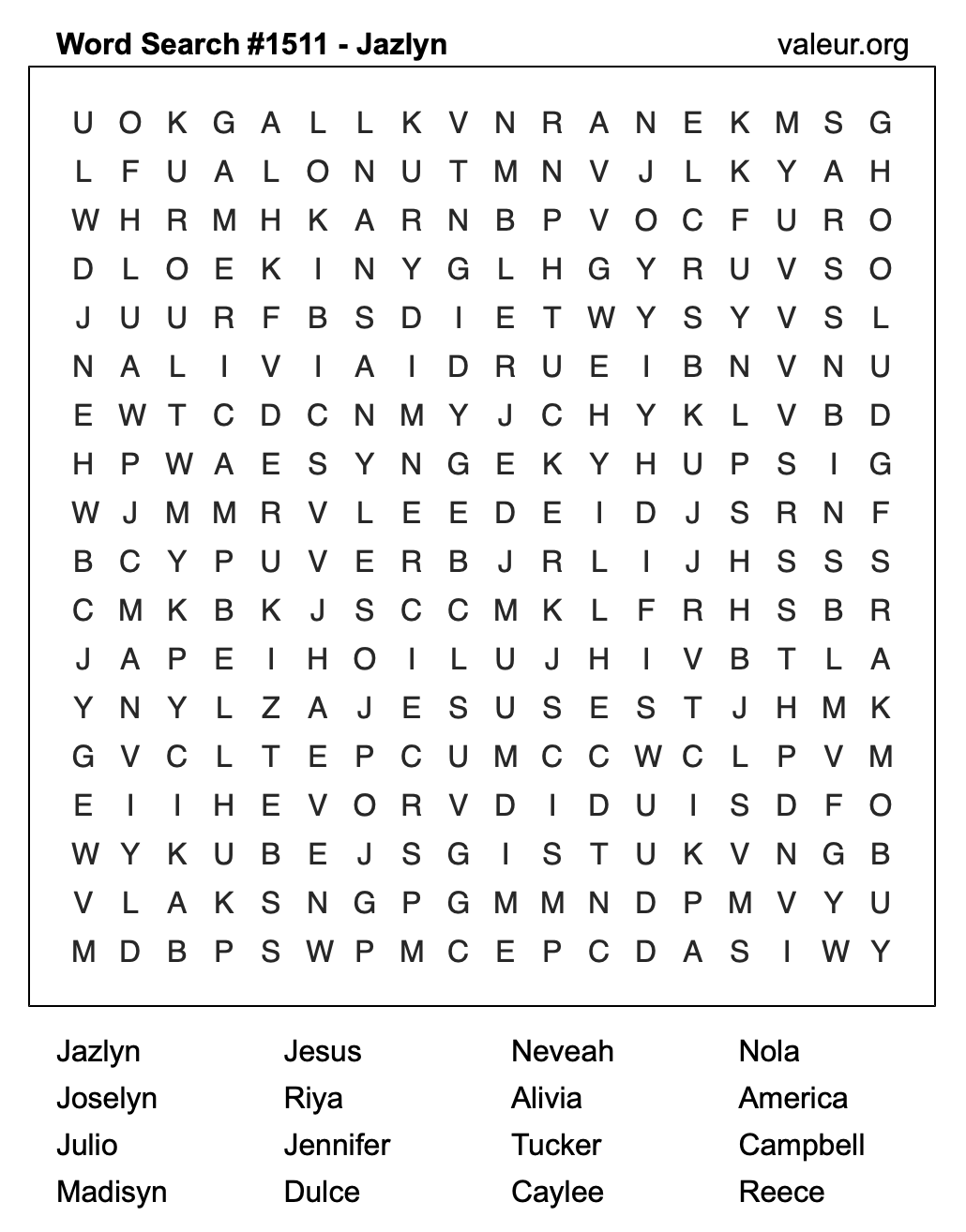 Word Search Puzzle with the name Jazlyn #1511 Word Search Puzzle with the name Jazlyn #1511