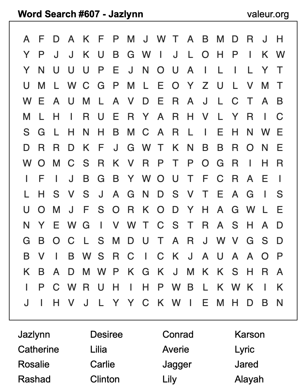Word Search Puzzle with the name Jazlynn #607