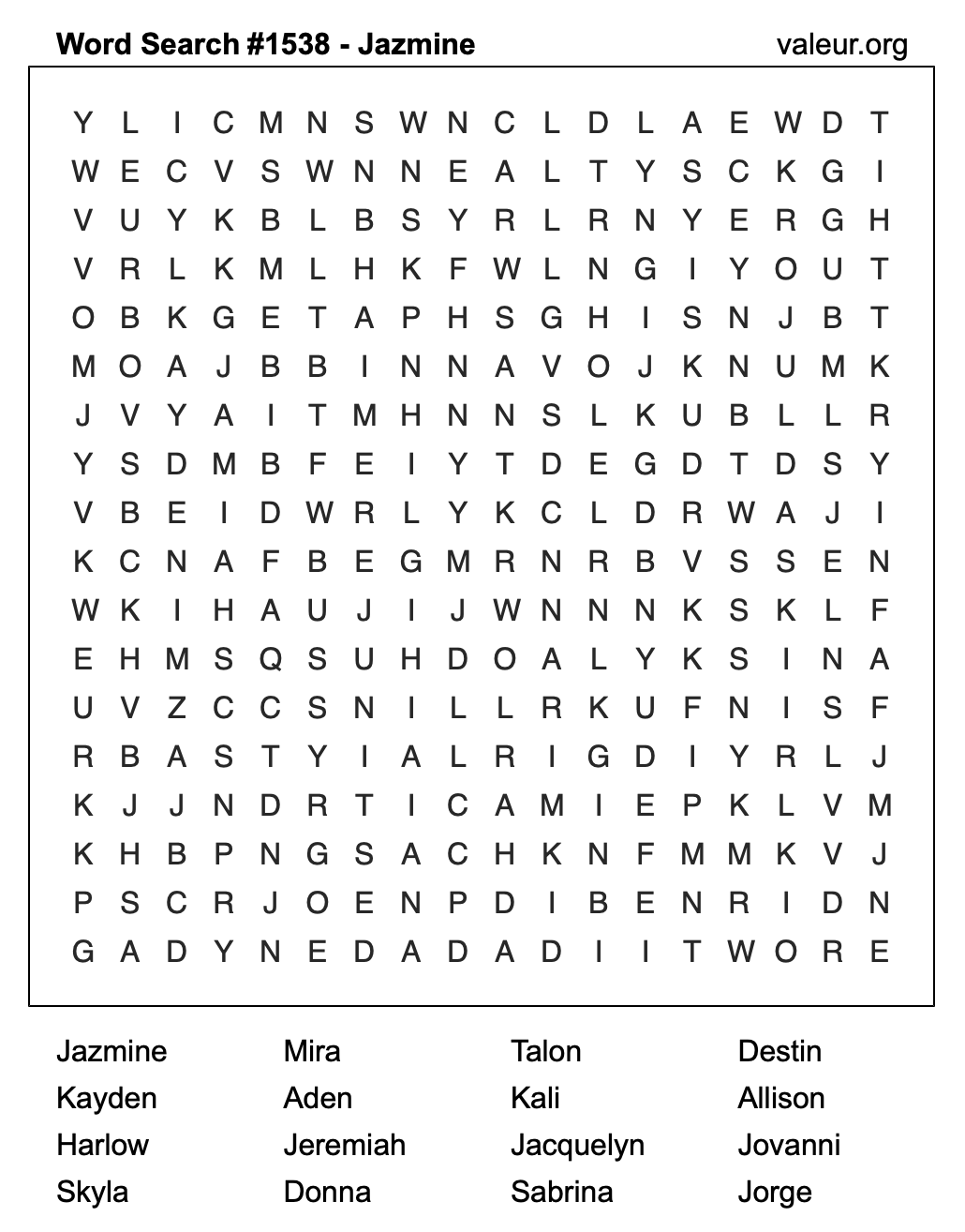 Word Search Puzzle with the name Jazmine #1538