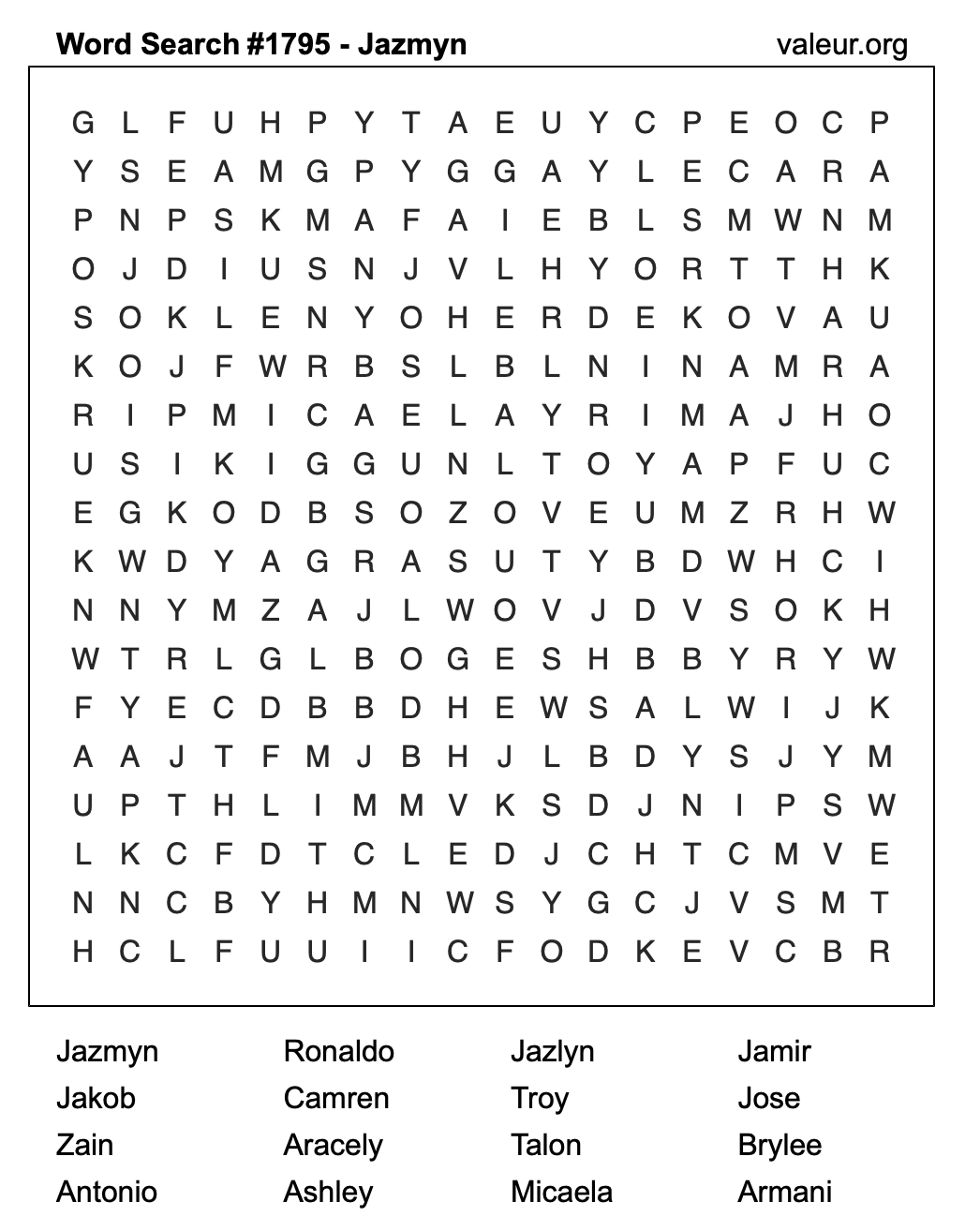 Word Search Puzzle with the name Jazmyn #1795