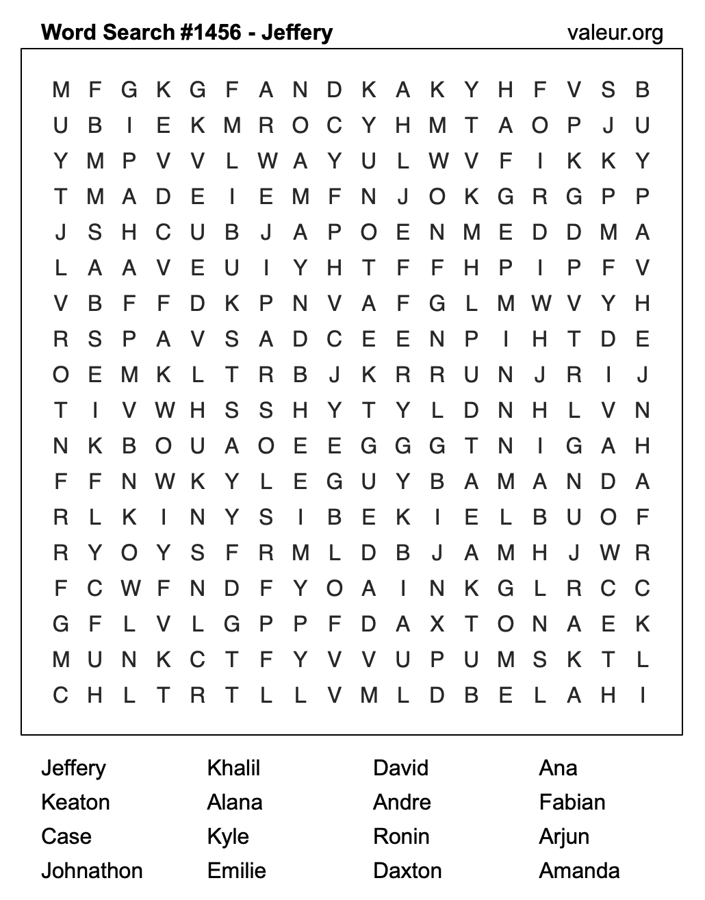 Word Search Puzzle with the name Jeffery #1456
