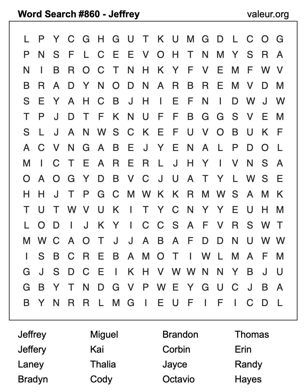 Word Search Puzzle with the name Jeffrey #860 Word Search Puzzle with the name Jeffrey #860