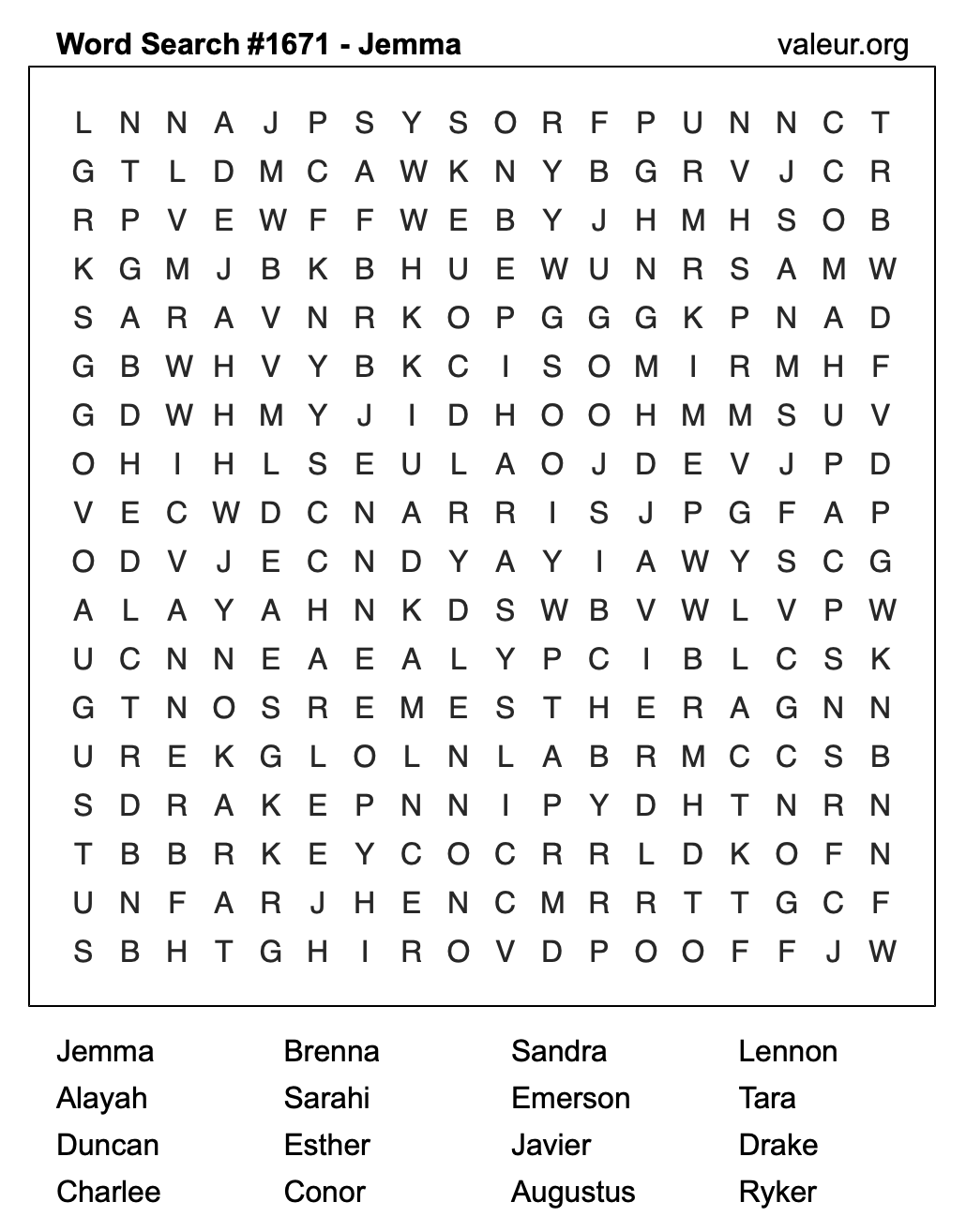 Word Search Puzzle with the name Jemma #1671
