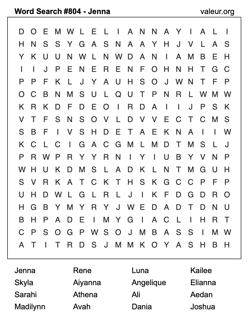 Word Search Puzzle with the name Jenna #804