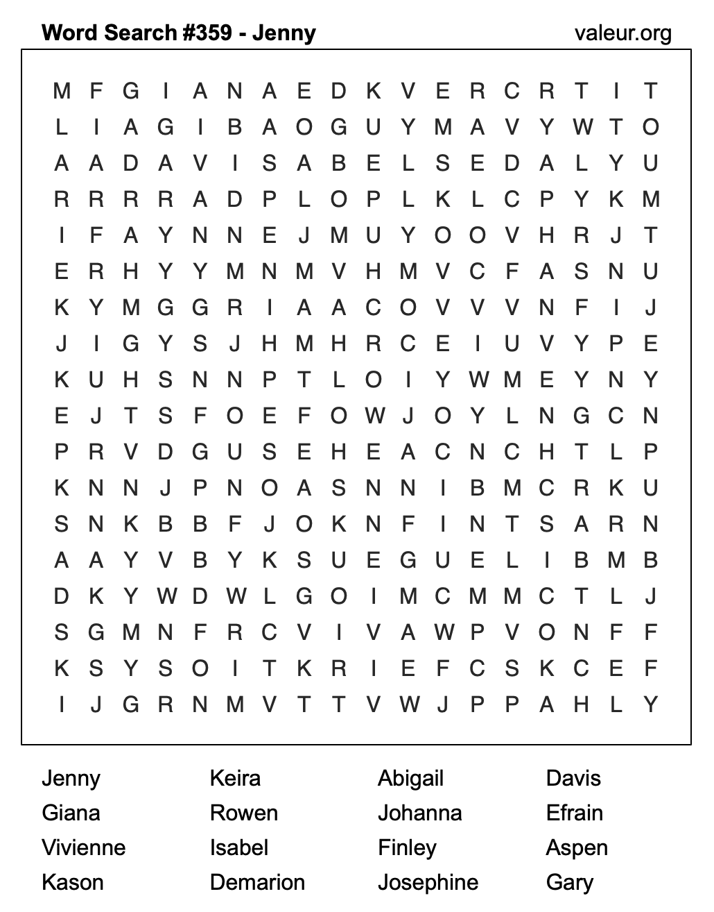 Word Search Puzzle with the name Jenny #359