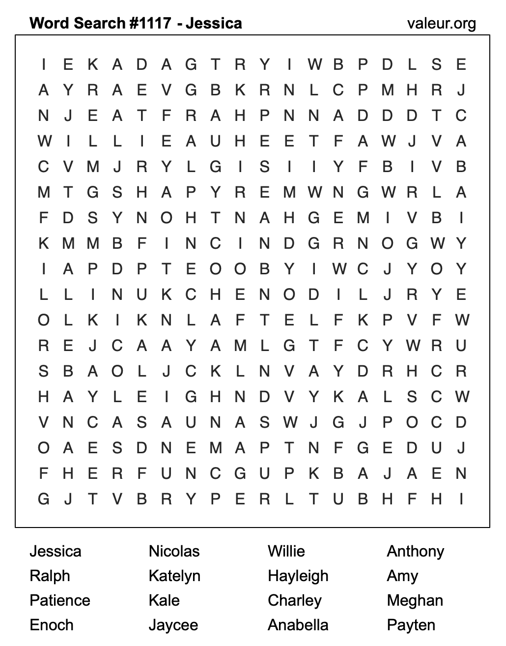 Word Search Puzzle with the name Jessica #1117