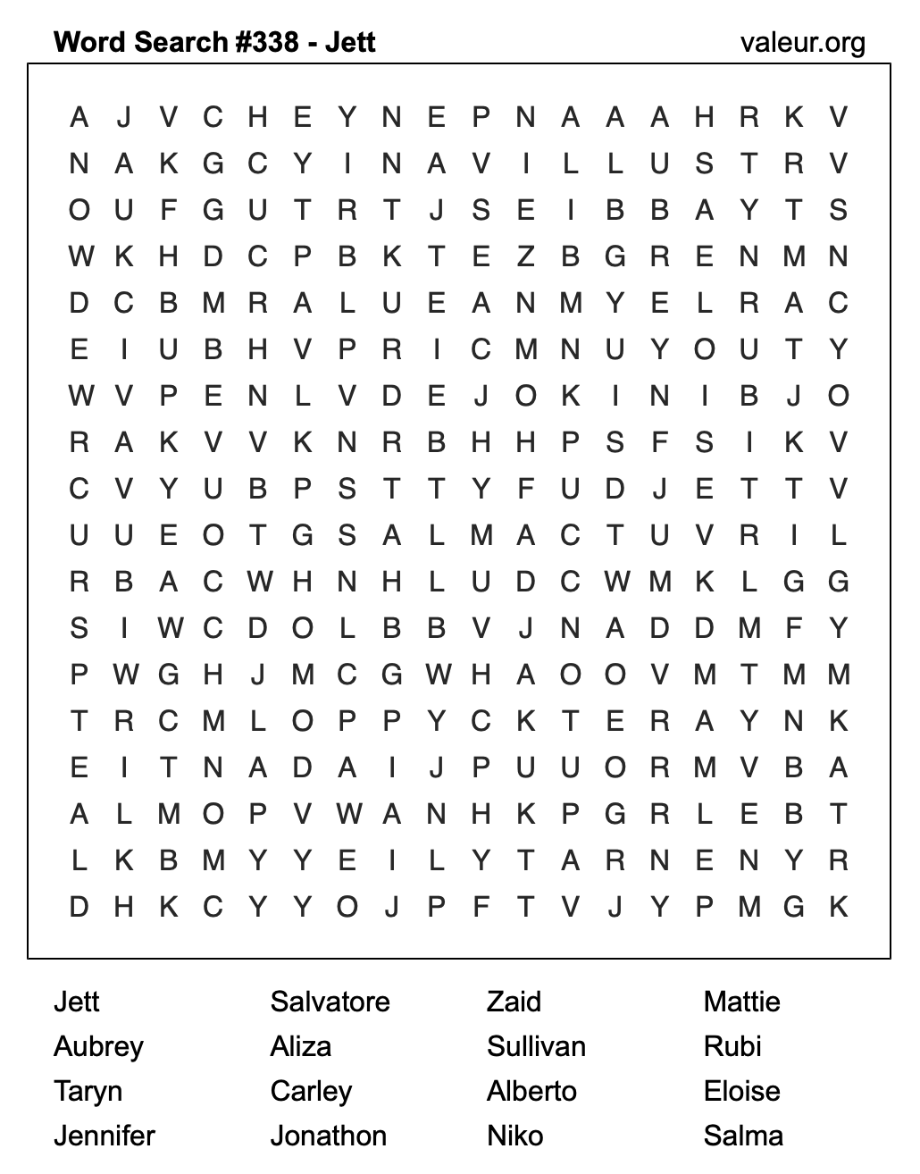 Word Search Puzzle with the name Jett #338