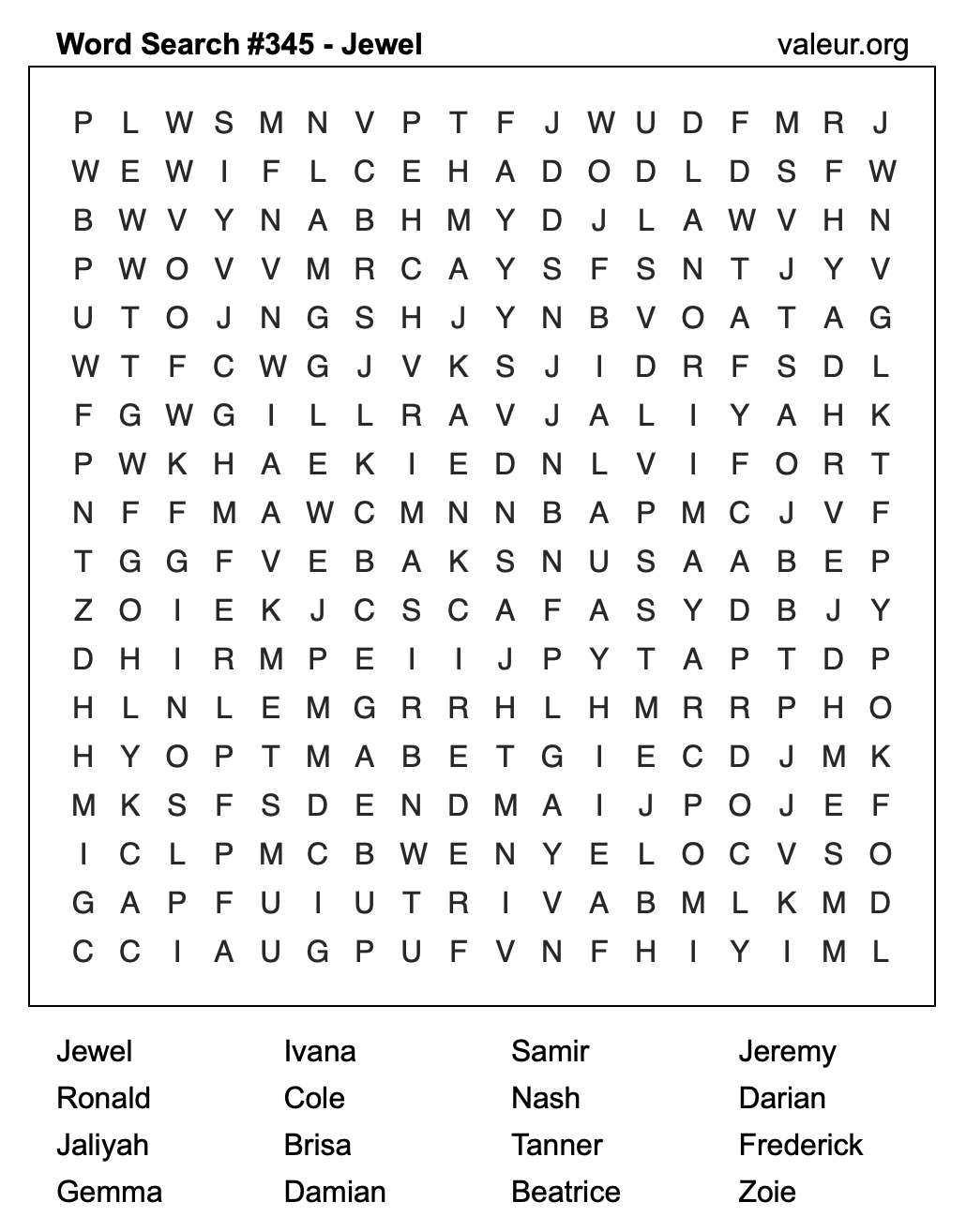 Word Search Puzzle with the name Jewel #345