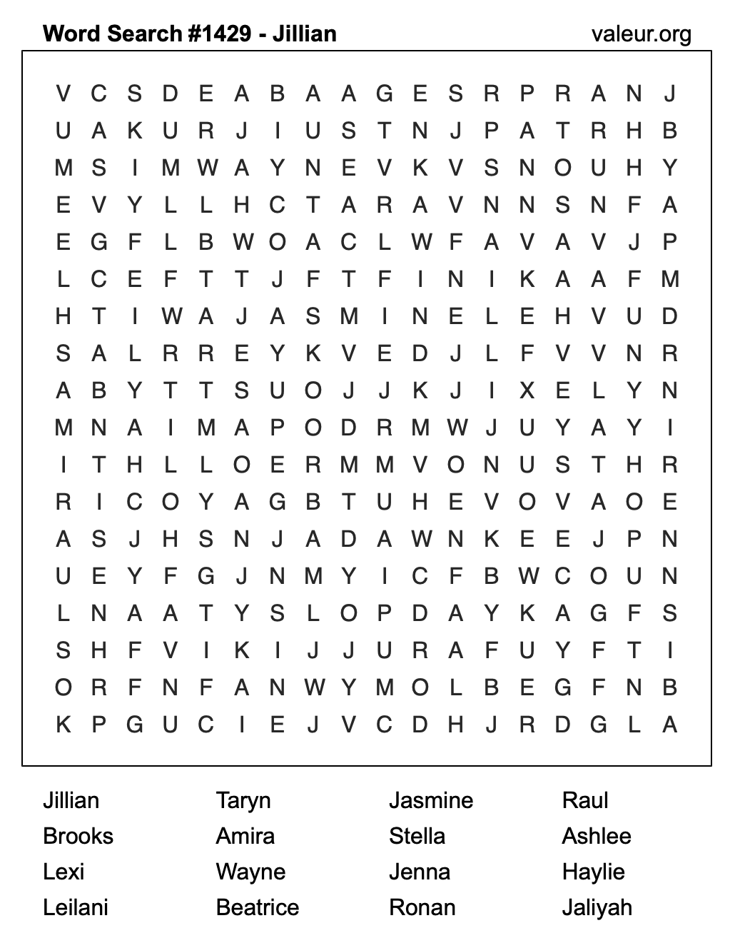 Word Search Puzzle with the name Jillian #1429