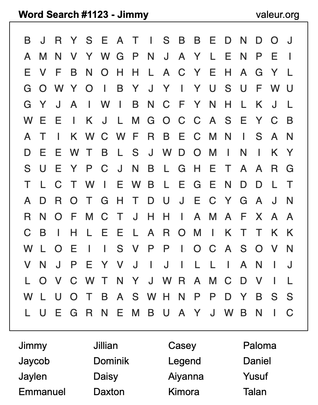 Word Search Puzzle with the name Jimmy #1123