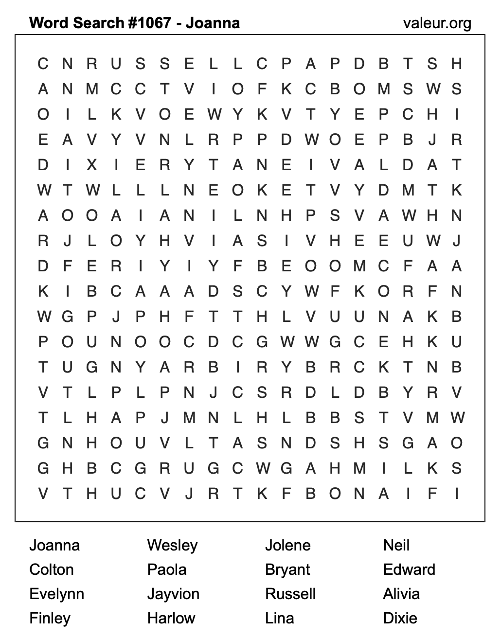 Word Search Puzzle with the name Joanna #1067