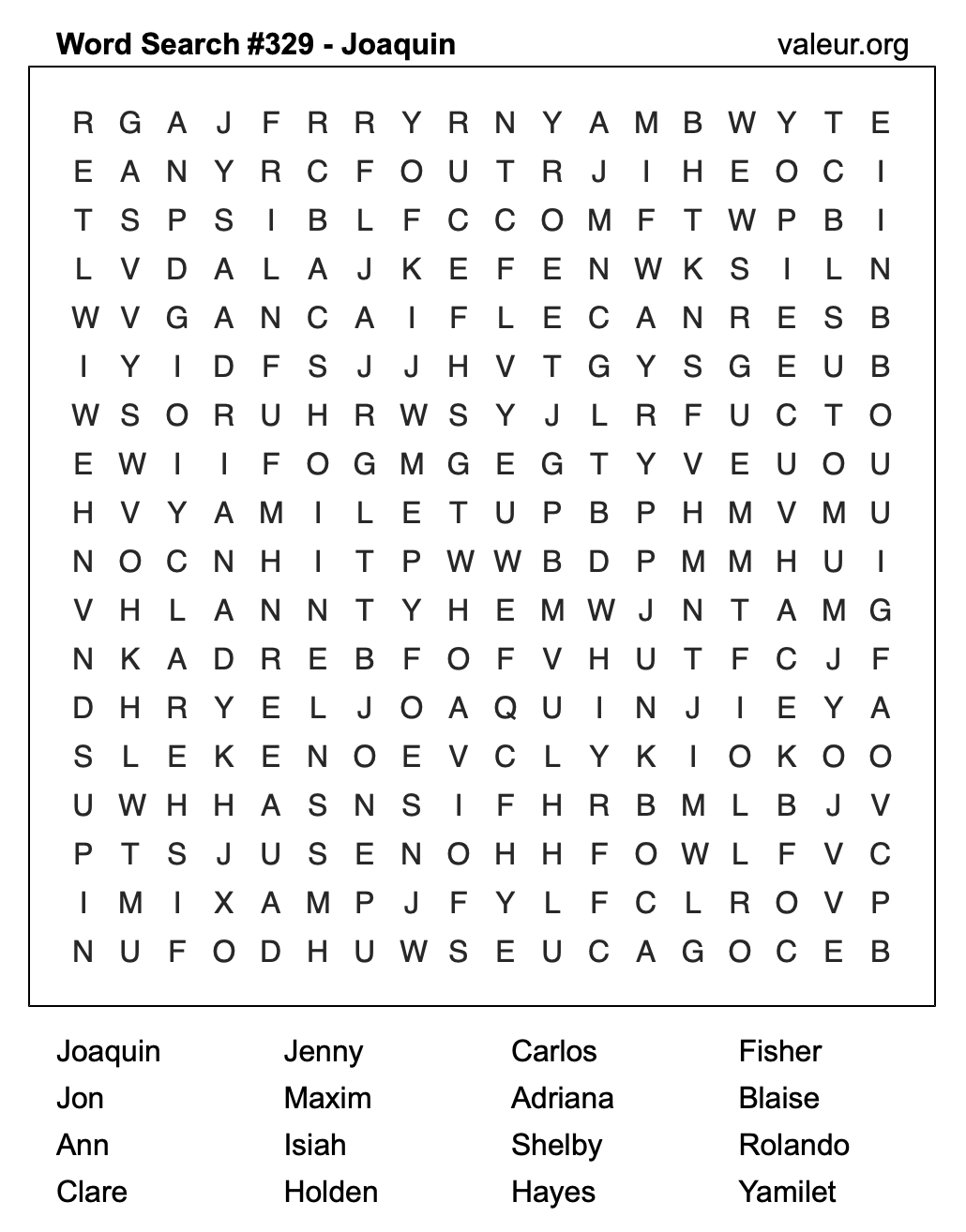 Word Search Puzzle with the name Joaquin #329