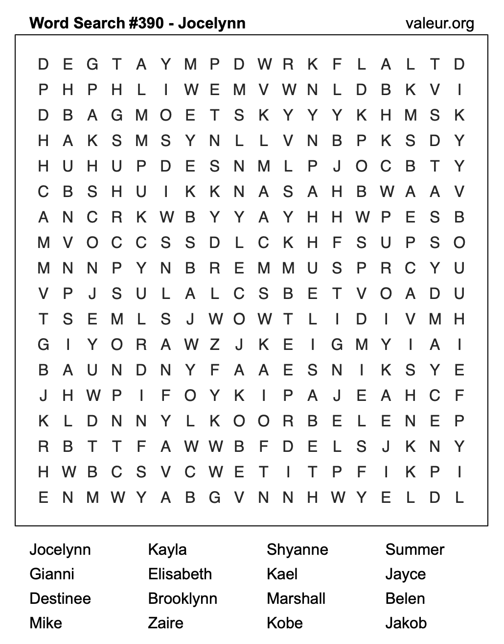 Word Search Puzzle with the name Jocelynn #390