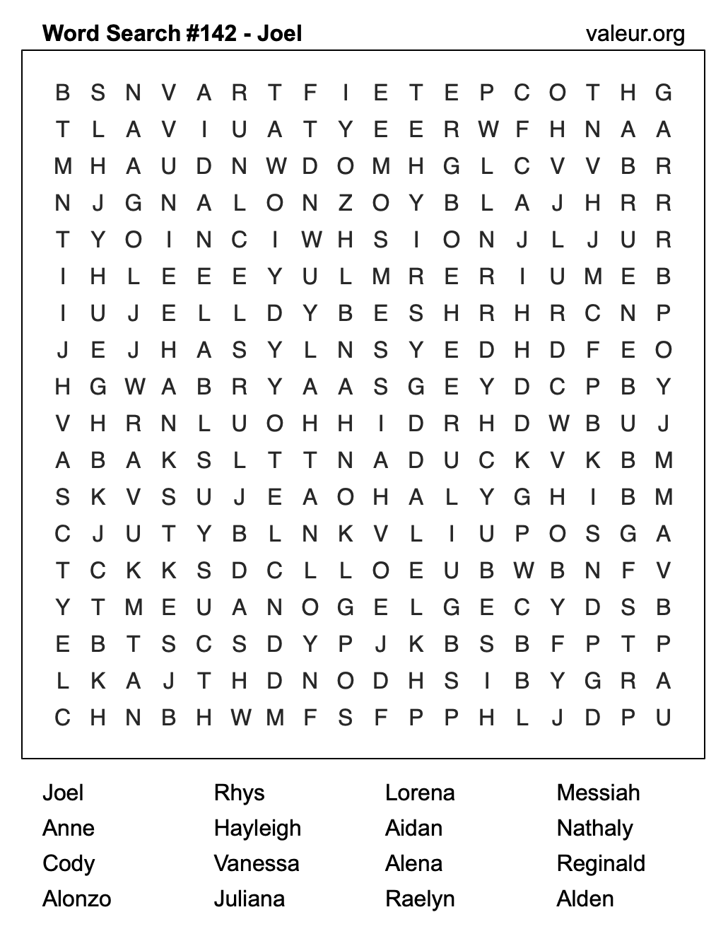 Word Search Puzzle with the name Joel #142
