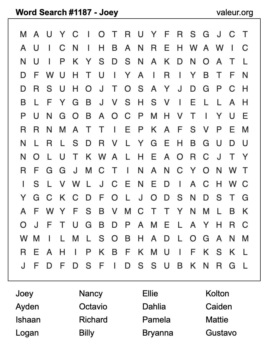 Word Search Puzzle with the name Joey #1187