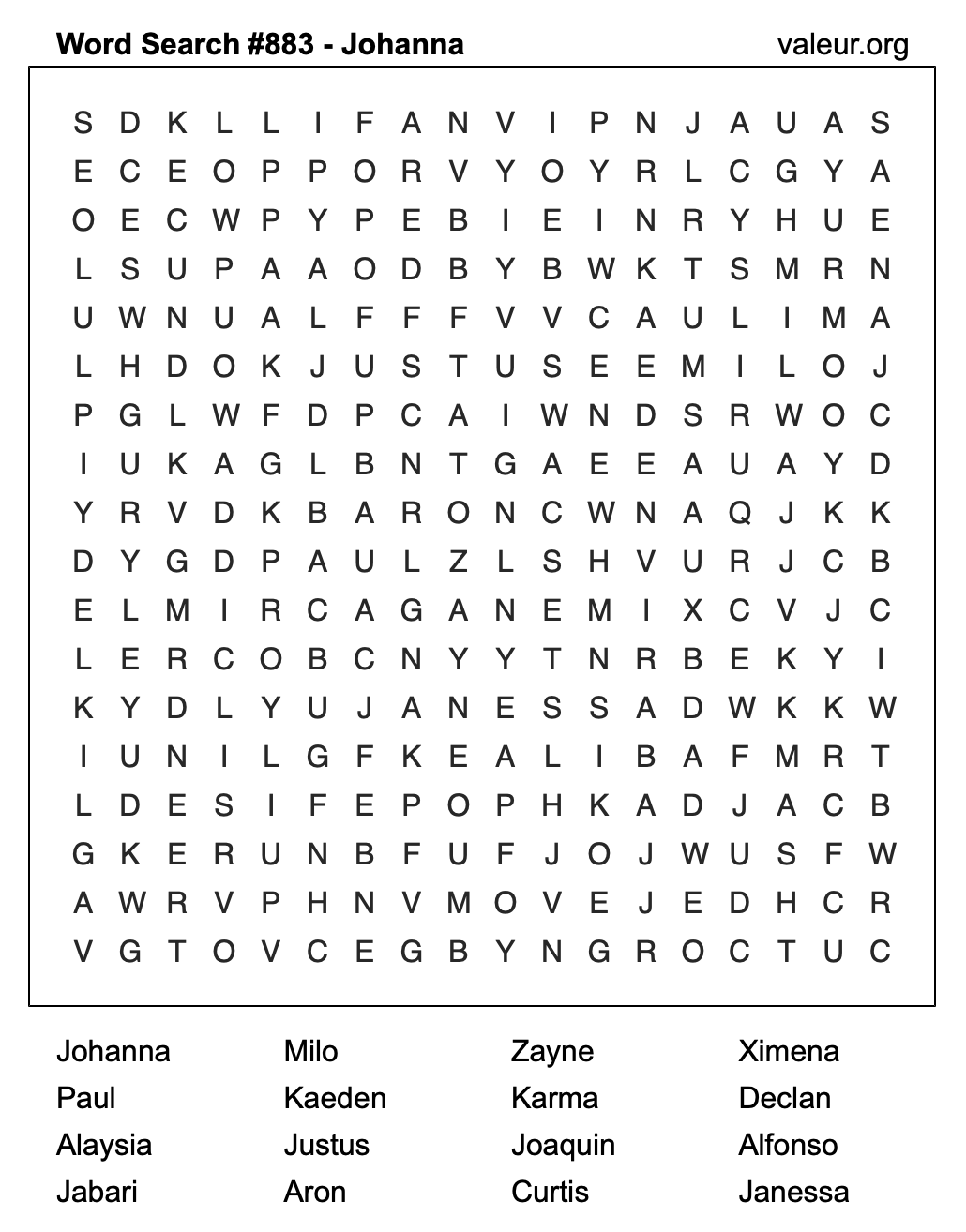 Word Search Puzzle with the name Johanna #883