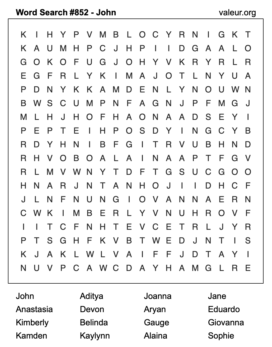 Word Search Puzzle with the name John #852 Word Search Puzzle with the name John #852