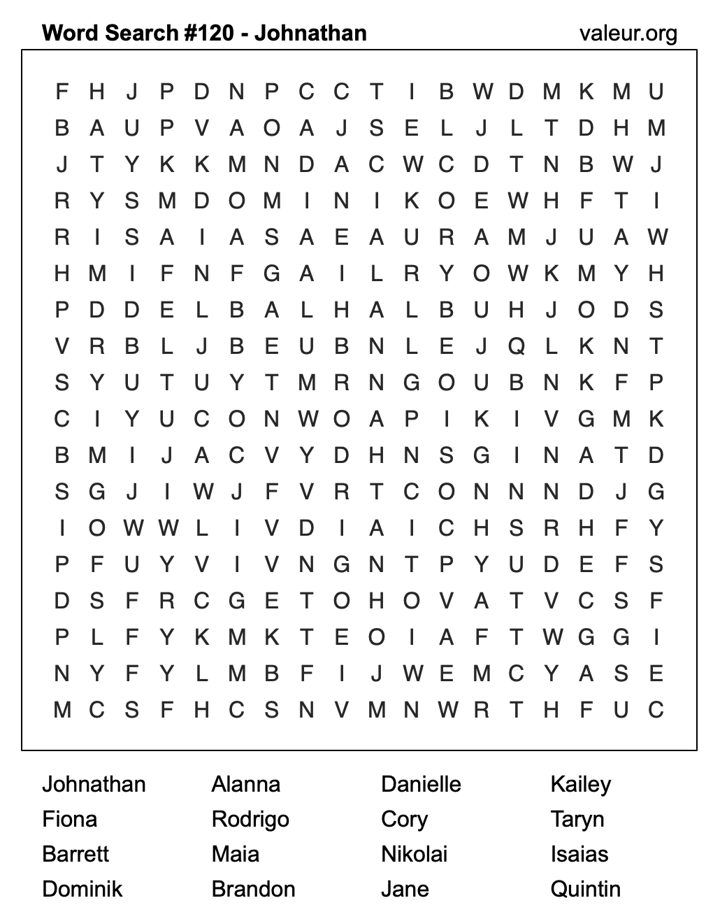Word Search Puzzle with the name Johnathan #120 Word Search Puzzle with the name Johnathan #120