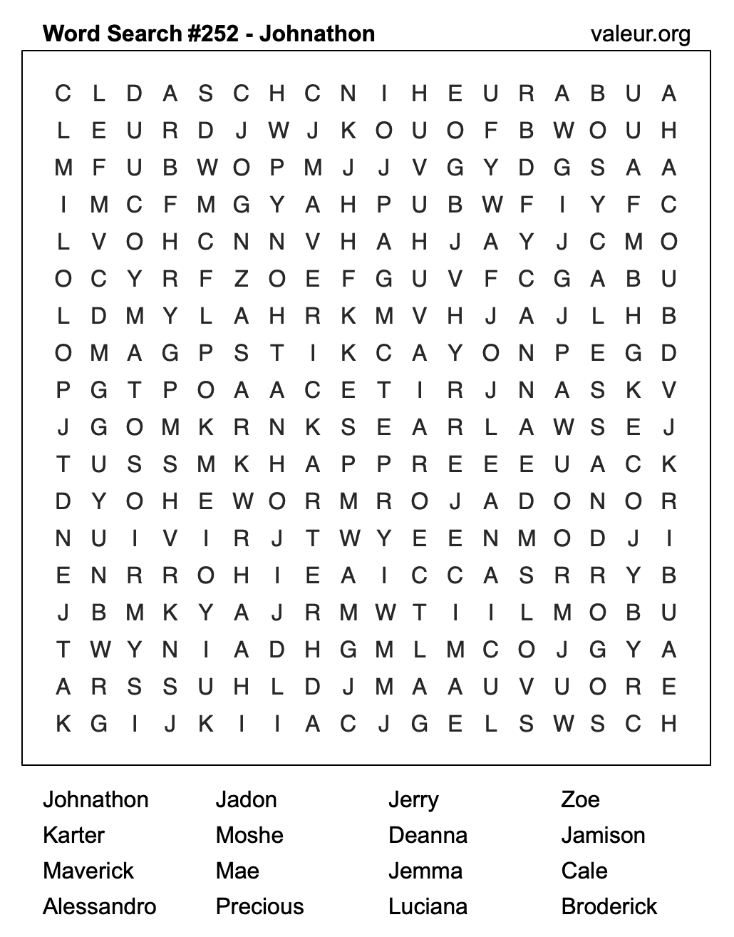 Word Search Puzzle with the name Johnathon #252