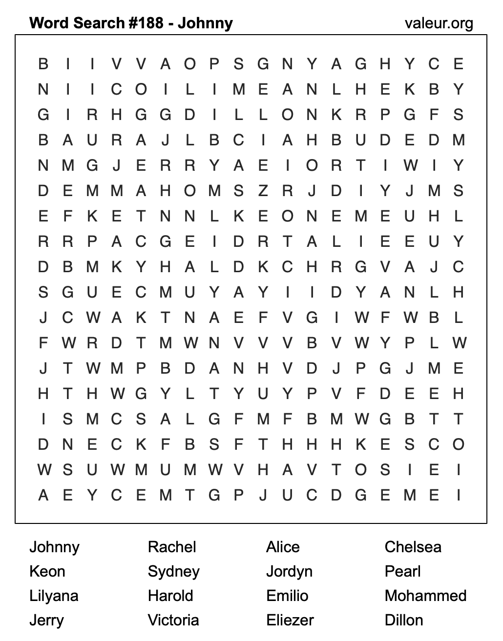 Word Search Puzzle with the name Johnny #188