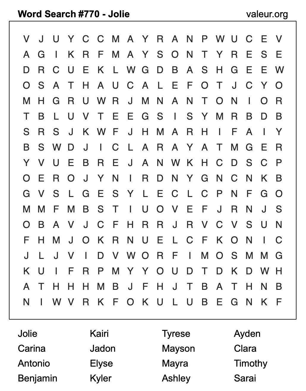 Word Search Puzzle with the name Jolie #770 Word Search Puzzle with the name Jolie #770