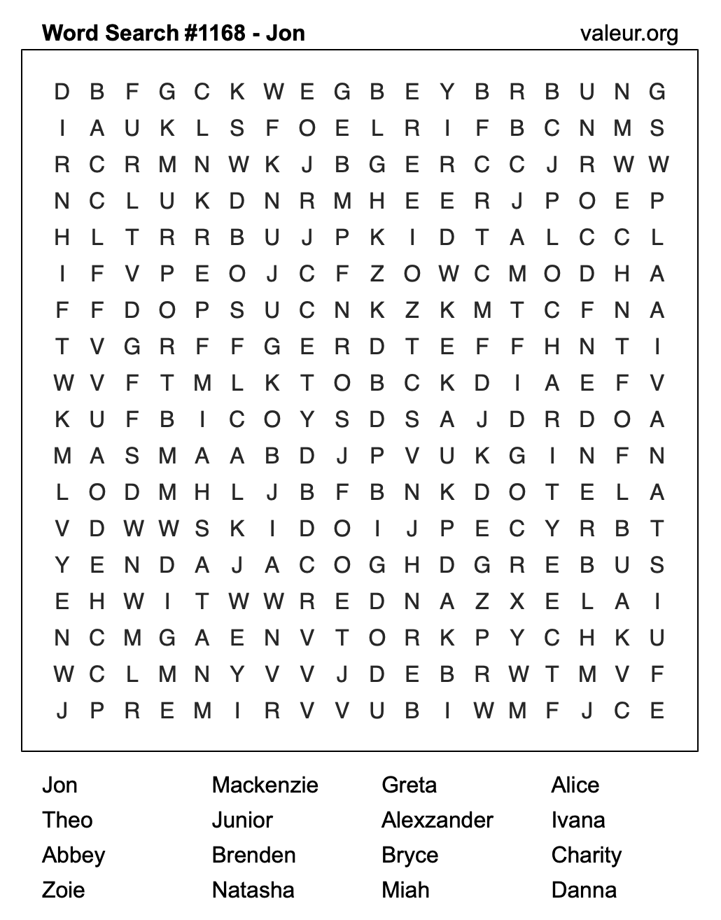 Word Search Puzzle with the name Jon #1168