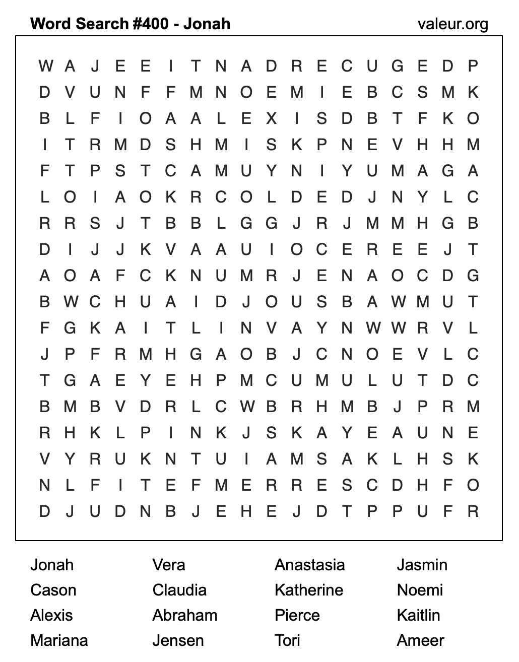 Word Search Puzzle with the name Jonah #400 Word Search Puzzle with the name Jonah #400