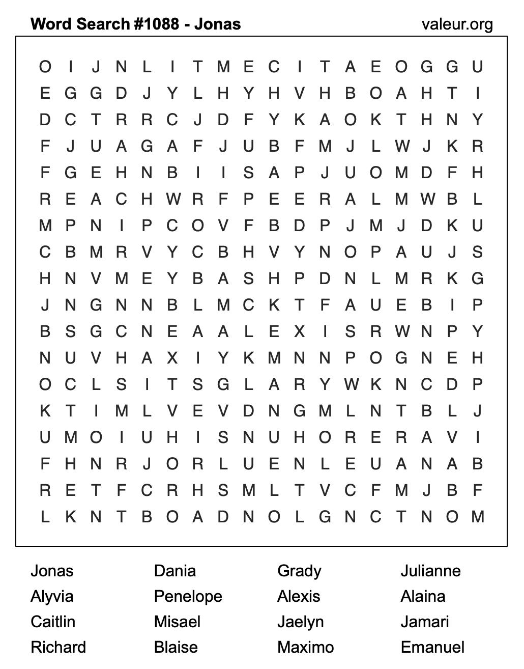 Word Search Puzzle with the name Jonas #1088