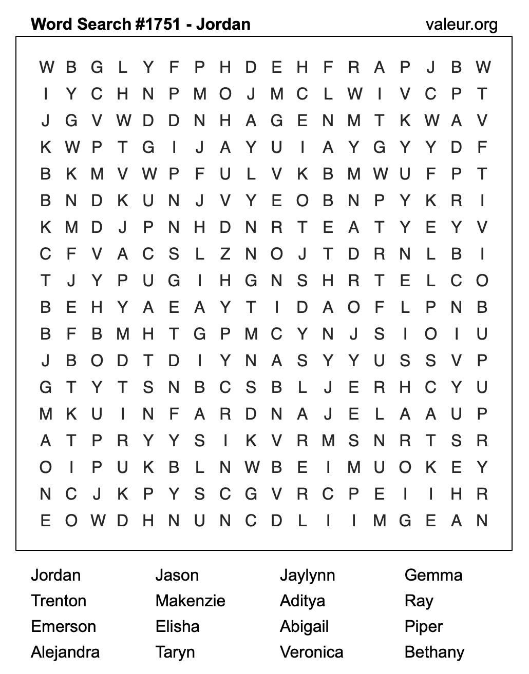 Word Search Puzzle with the name Jordan #1751