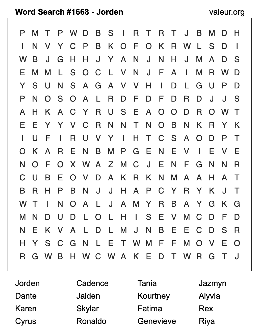Word Search Puzzle with the name Jorden #1668 Word Search Puzzle with the name Jorden #1668