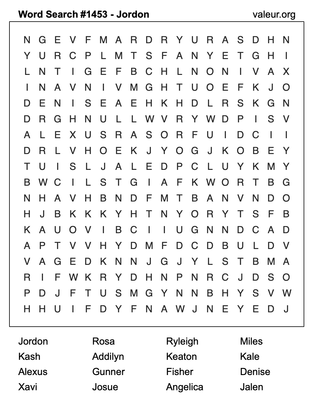 Word Search Puzzle with the name Jordon #1453