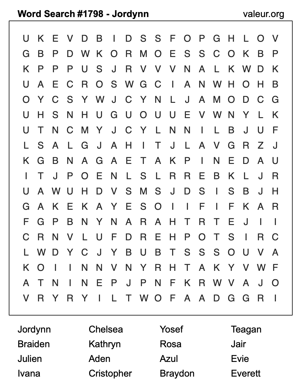 Word Search Puzzle with the name Jordynn #1798