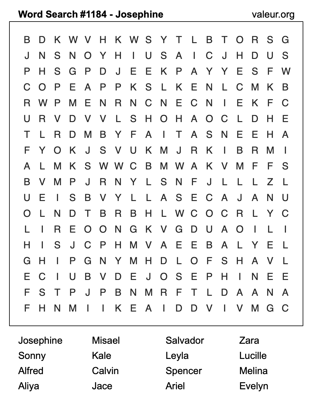 Word Search Puzzle with the name Josephine #1184