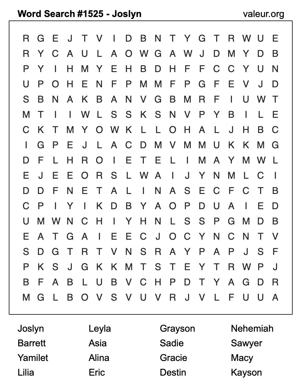 Word Search Puzzle with the name Joslyn #1525