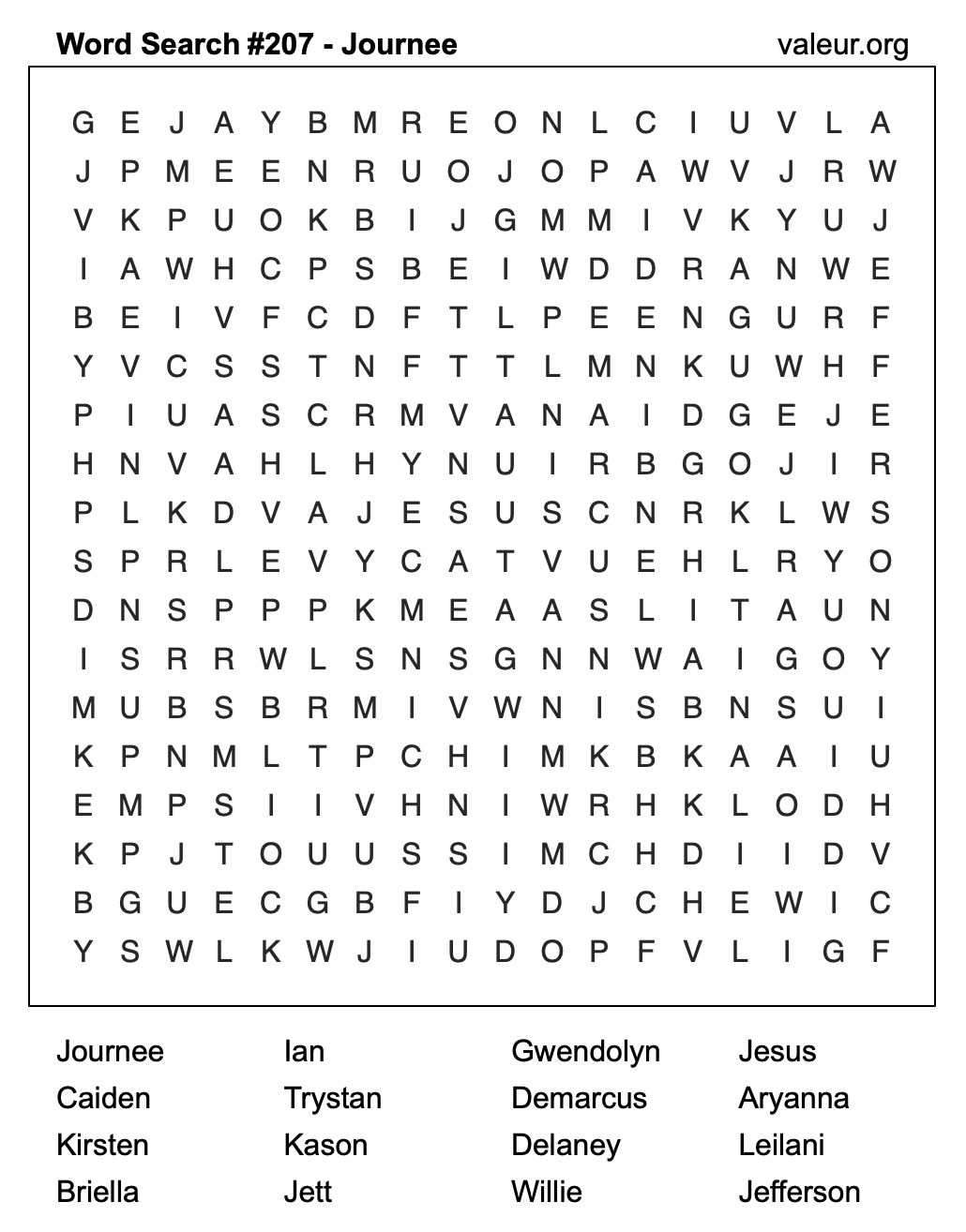 Word Search Puzzle with the name Journee #207 Word Search Puzzle with the name Journee #207