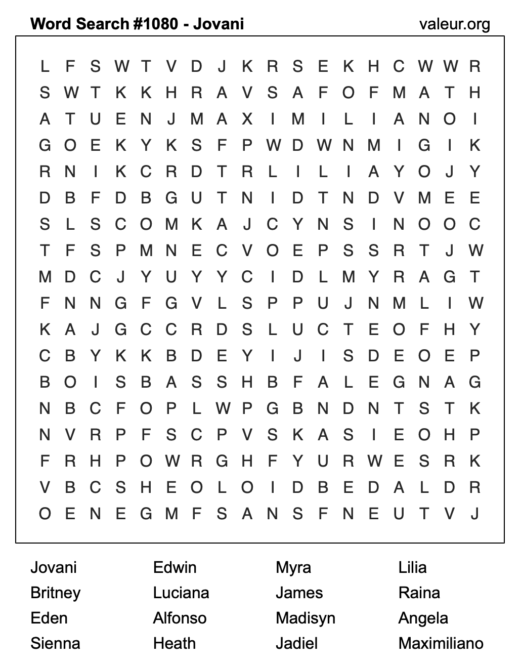 Word Search Puzzle with the name Jovani #1080