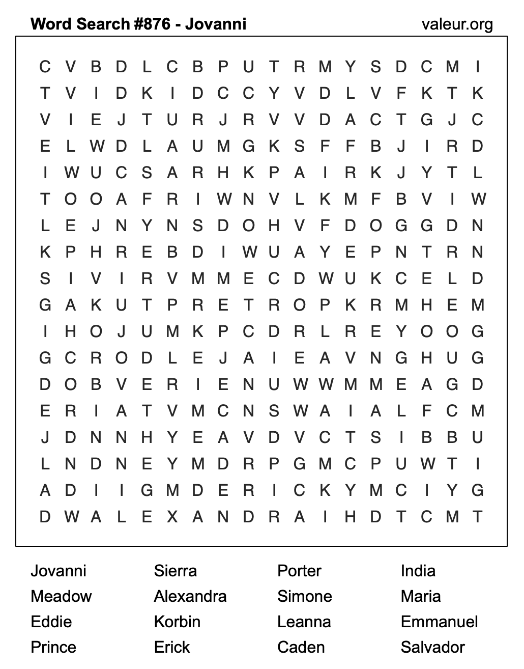 Word Search Puzzle with the name Jovanni #876 Word Search Puzzle with the name Jovanni #876