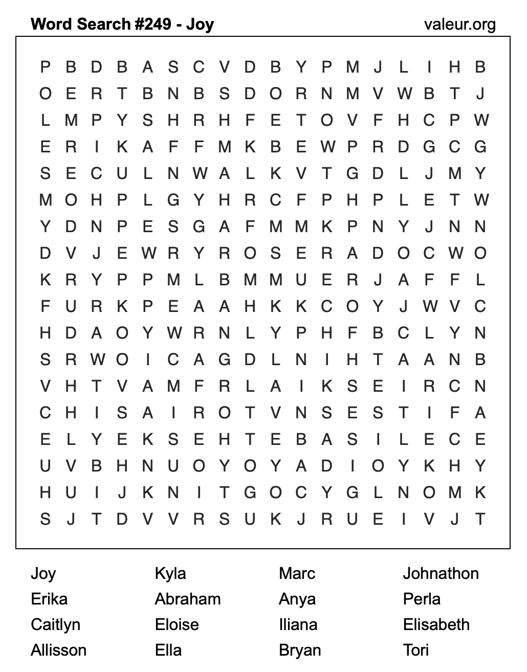 Word Search Puzzle with the name Joy #249