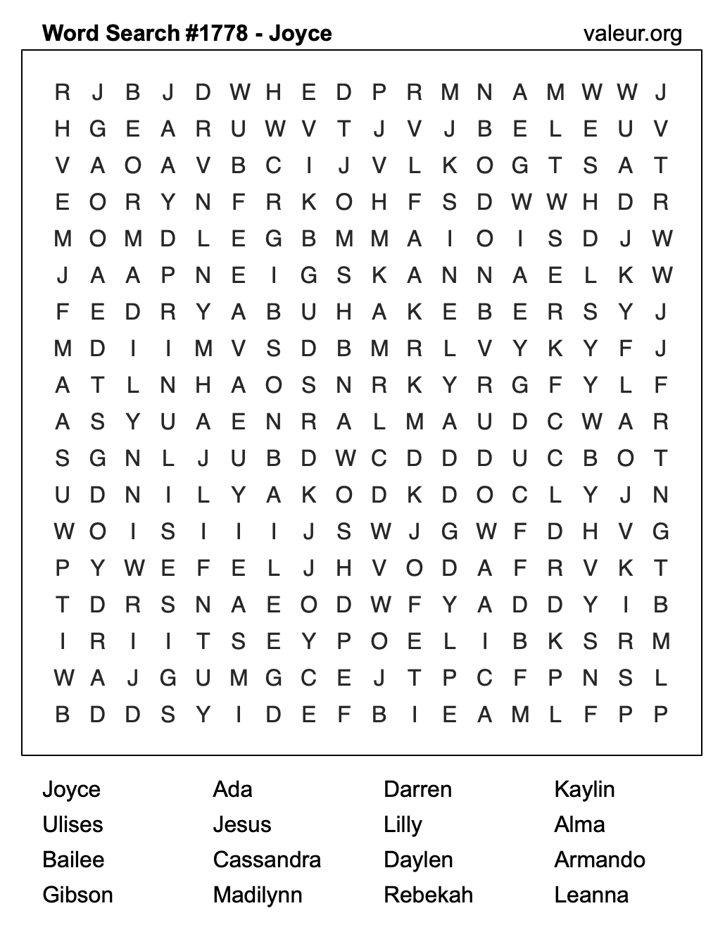 Word Search Puzzle with the name Joyce #1778 Word Search Puzzle with the name Joyce #1778