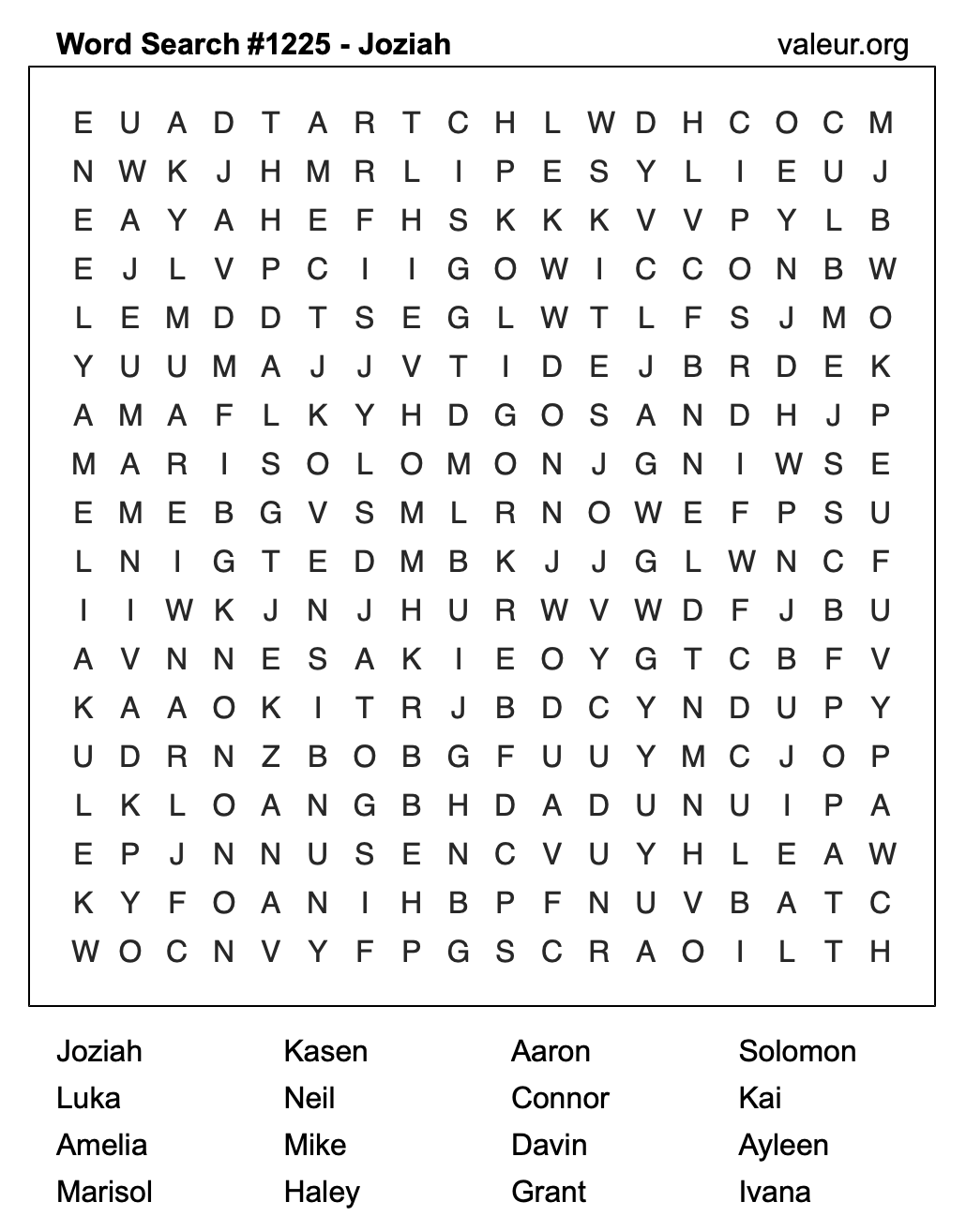 Word Search Puzzle with the name Joziah #1225