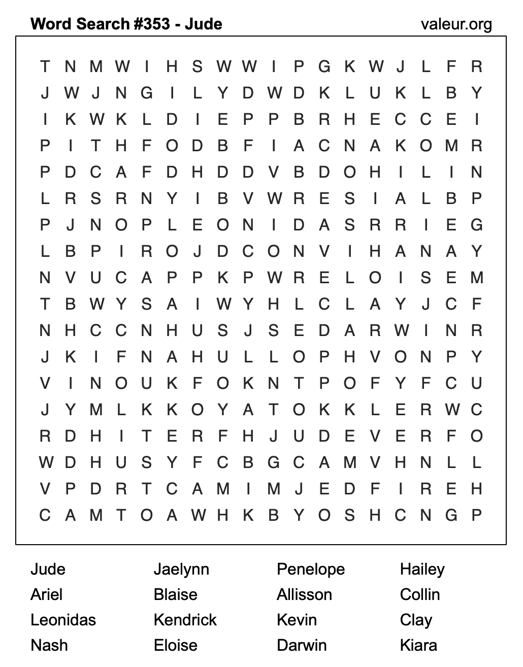 Word Search Puzzle with the name Jude #353 Word Search Puzzle with the name Jude #353