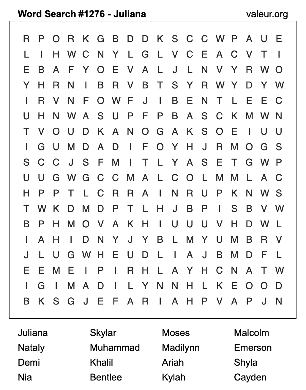 Word Search Puzzle with the name Juliana #1276 Word Search Puzzle with the name Juliana #1276