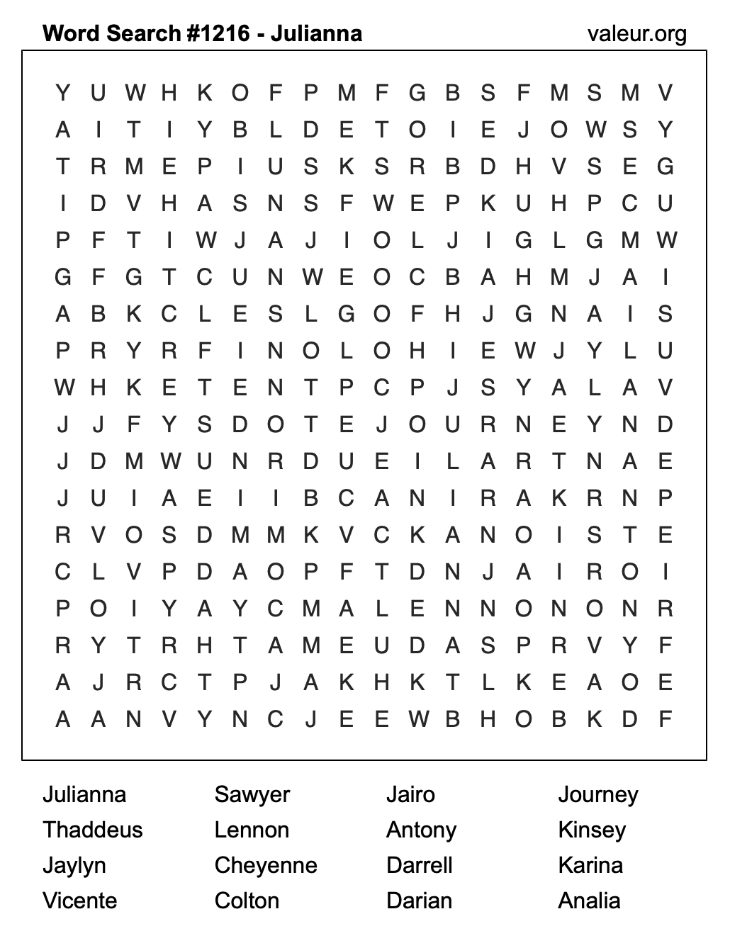 Word Search Puzzle with the name Julianna #1216 Word Search Puzzle with the name Julianna #1216